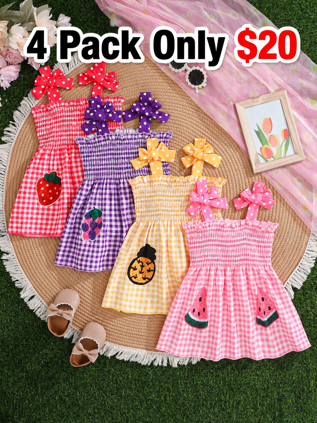 Girls' Summer Set, Plaid and Fruit Print, Bow Shoulder Straps, Cute and Sweet Dress, Versatile Clothing for Kids, Summer Outfits Set, Fashion Set