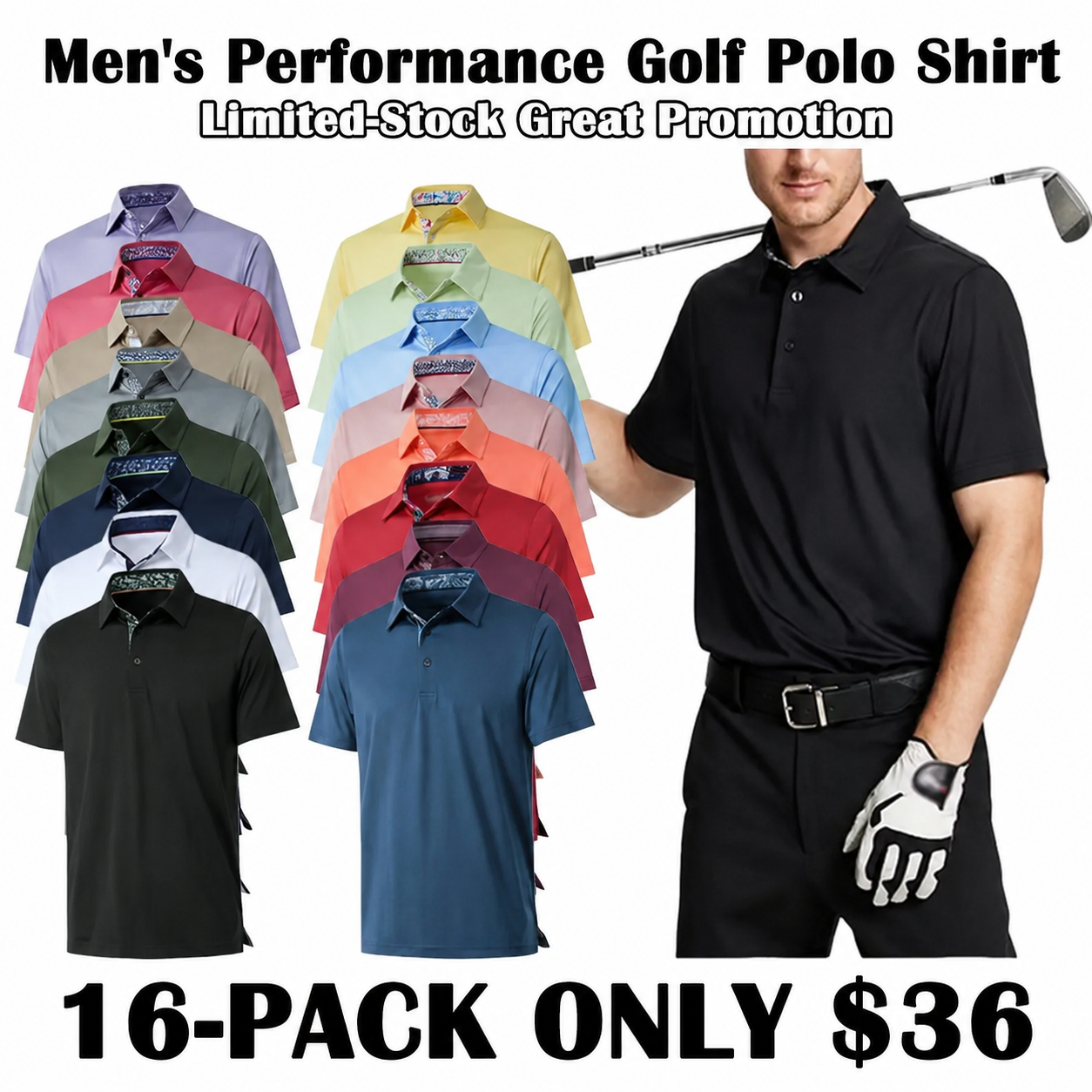 Men's Short Sleeve Solid Golf Polo Shirt Casual Dry Fit Performance Shirt