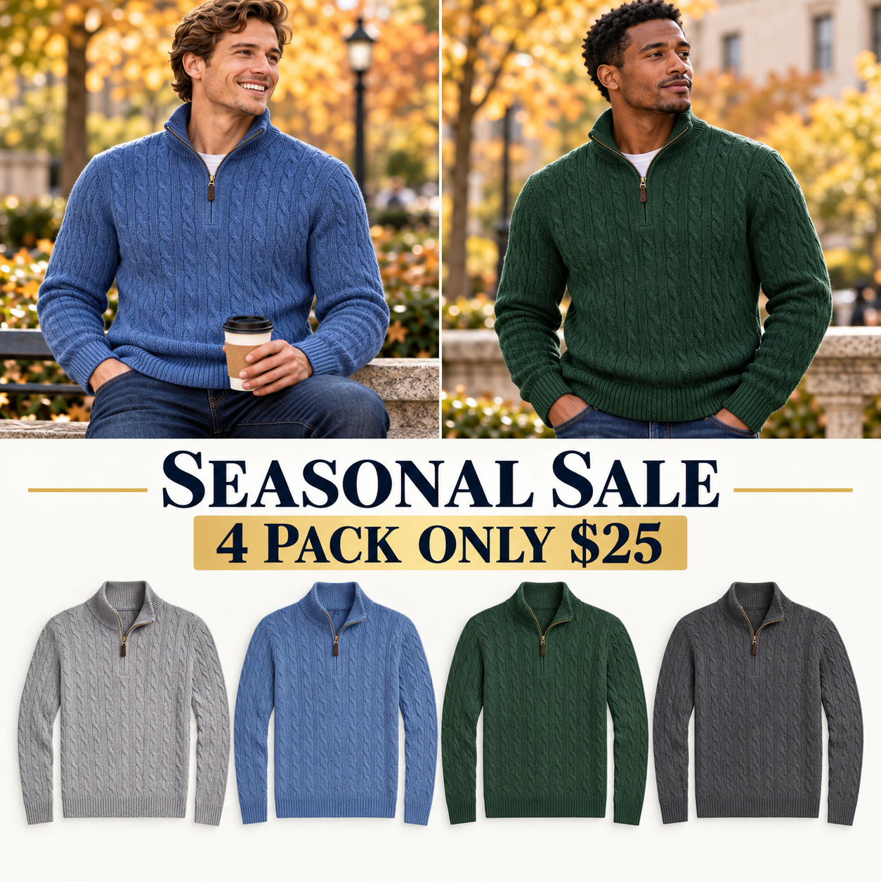 Men’s Cable Knit Quarter Zip Sweater, Classic Long Sleeve Pullover with Ribbed Collar, Cuffs and Hem, 8 Pack Only $32