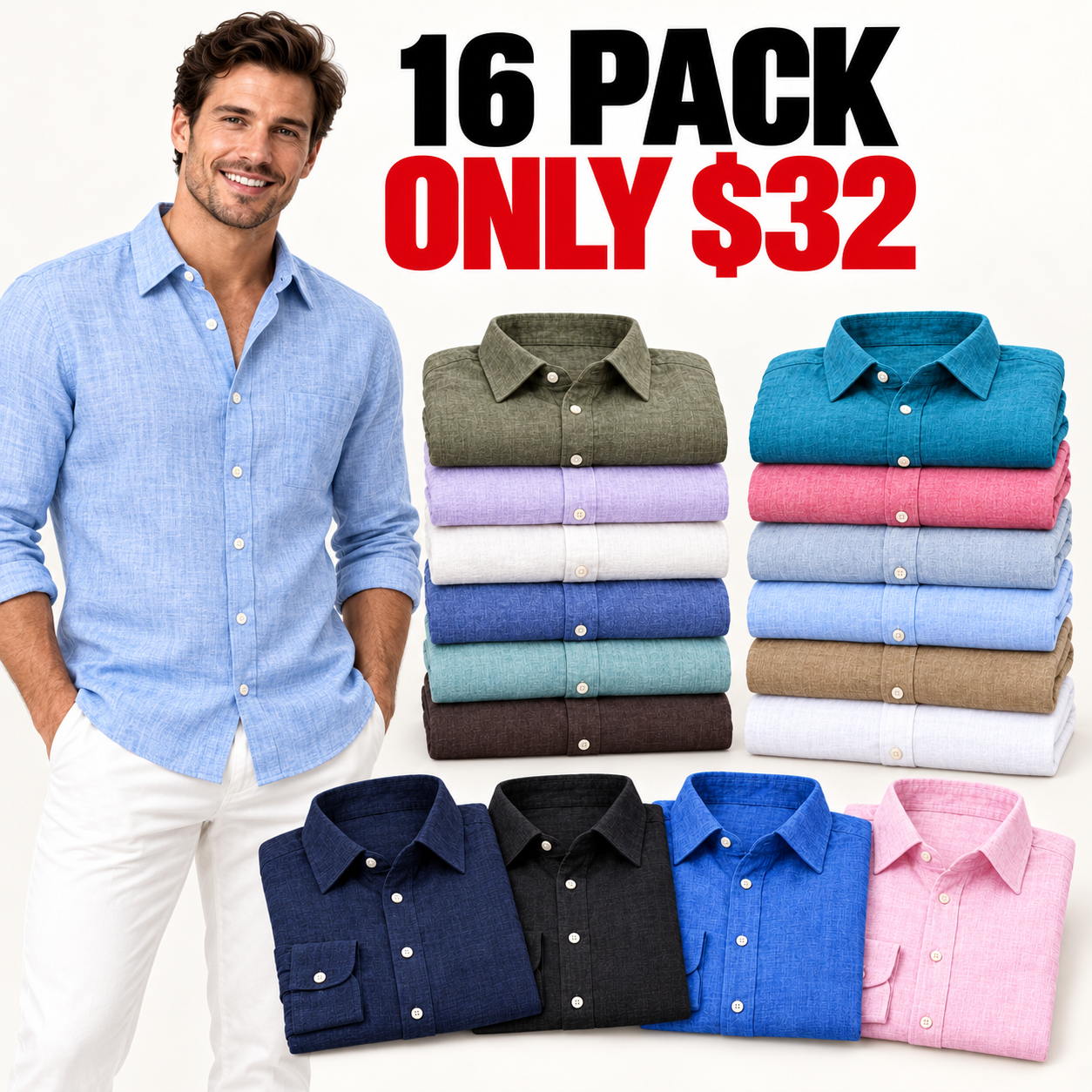 🔥Limited-Time Deal: 16-Pack Men’s Slim-Fit Linen Shirts – Only $32