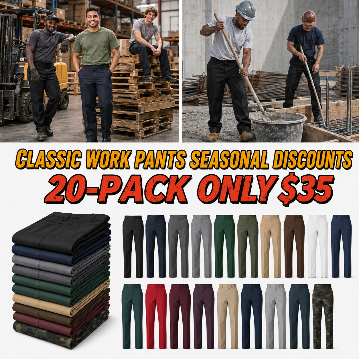 🔥 20 PACK ONLY $35 | Men's Classic Work Pants – Durable Utility Pants for Work & Everyday Wear