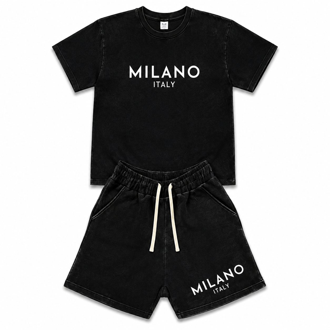 Men’s fashion retro washed distressed cotton short-sleeve T-shirt and shorts set — American street Y2K trend with snowflake, Milan letter print, and a unique design. Comfortable, breathable, lightweight fabric for surfing and basketball; suitable for all