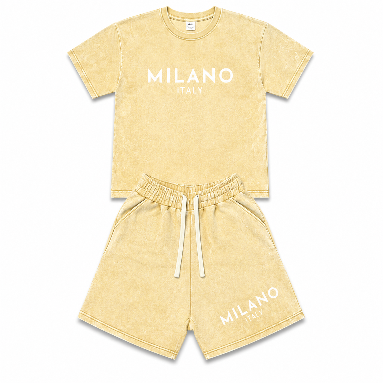Men’s fashion retro washed distressed cotton short-sleeve T-shirt and shorts set — American street Y2K trend with snowflake, Milan letter print, and a unique design. Comfortable, breathable, lightweight fabric for surfing and basketball; suitable for all