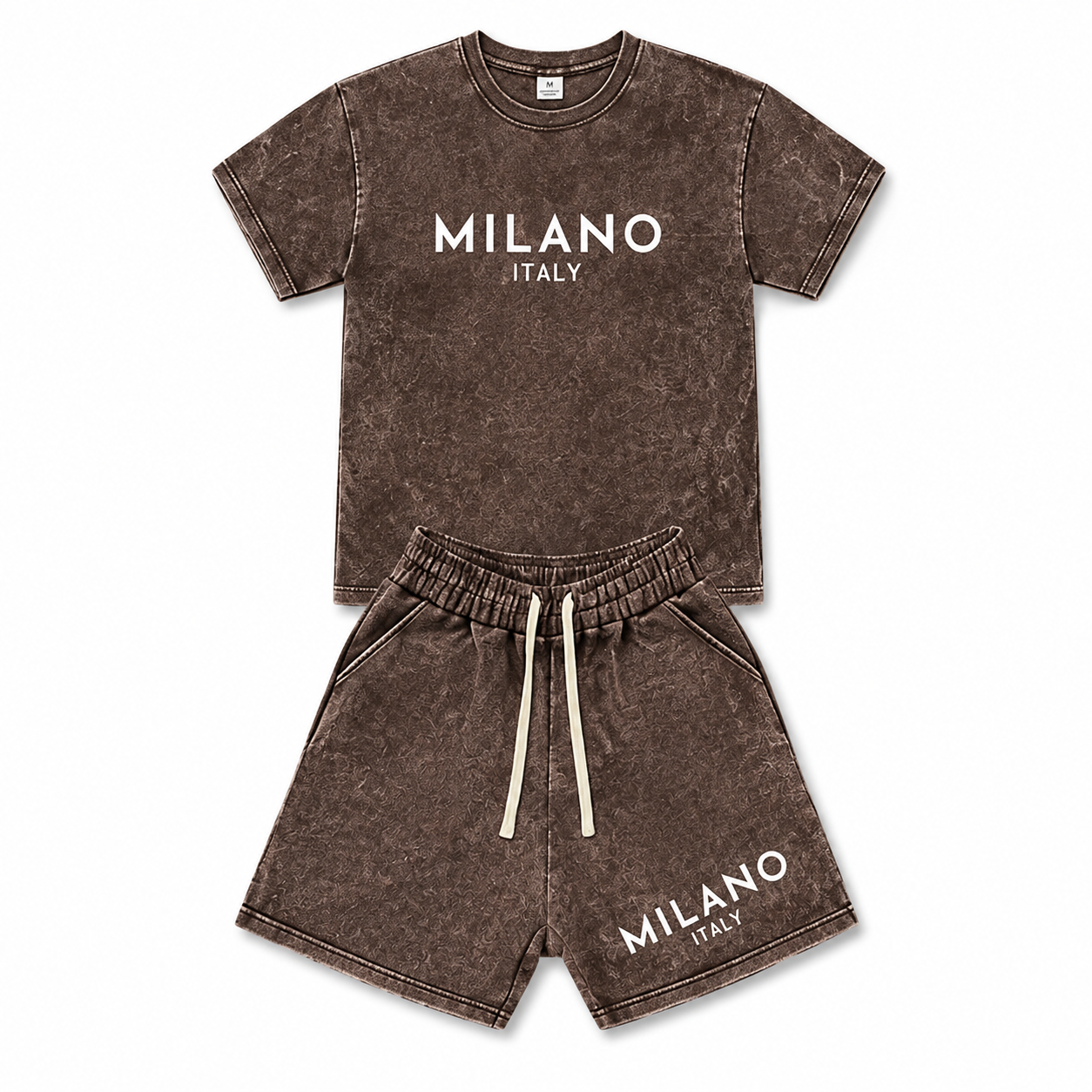 Men’s fashion retro washed distressed cotton short-sleeve T-shirt and shorts set — American street Y2K trend with snowflake, Milan letter print, and a unique design. Comfortable, breathable, lightweight fabric for surfing and basketball; suitable for all