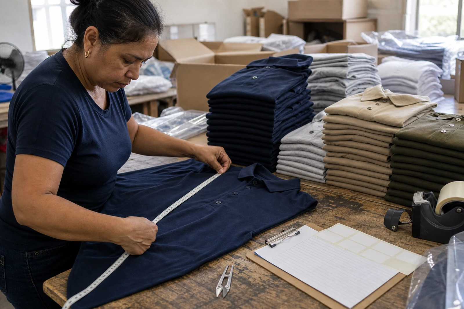 Garment inspector measuring a navy polo shirt beside counted stacks ready for packing
