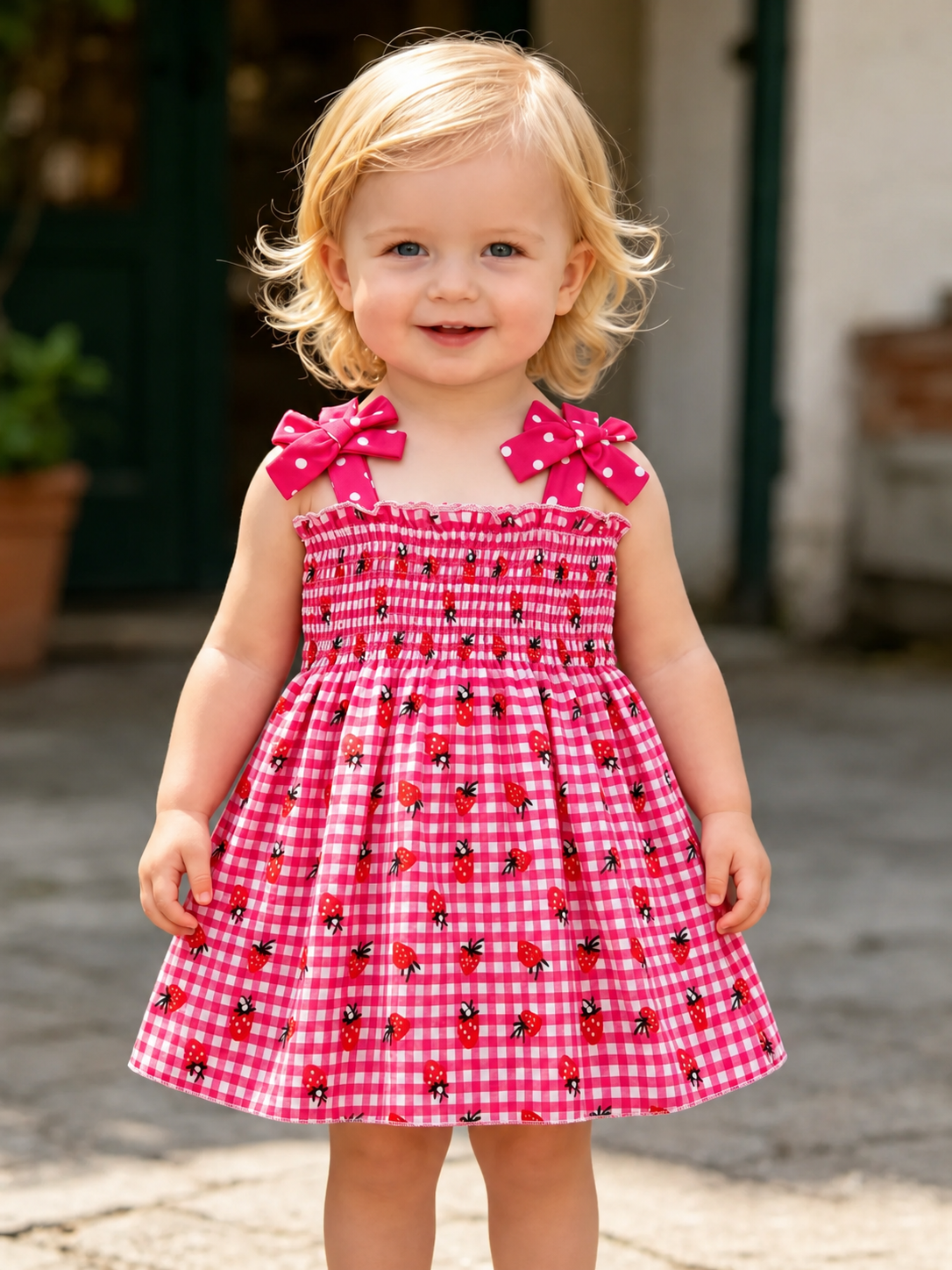 Girls' Summer Set, Plaid and Fruit Print, Bow Shoulder Straps, Cute and Sweet Dress, Versatile Clothing for Kids, Summer Outfits Set, Fashion Set