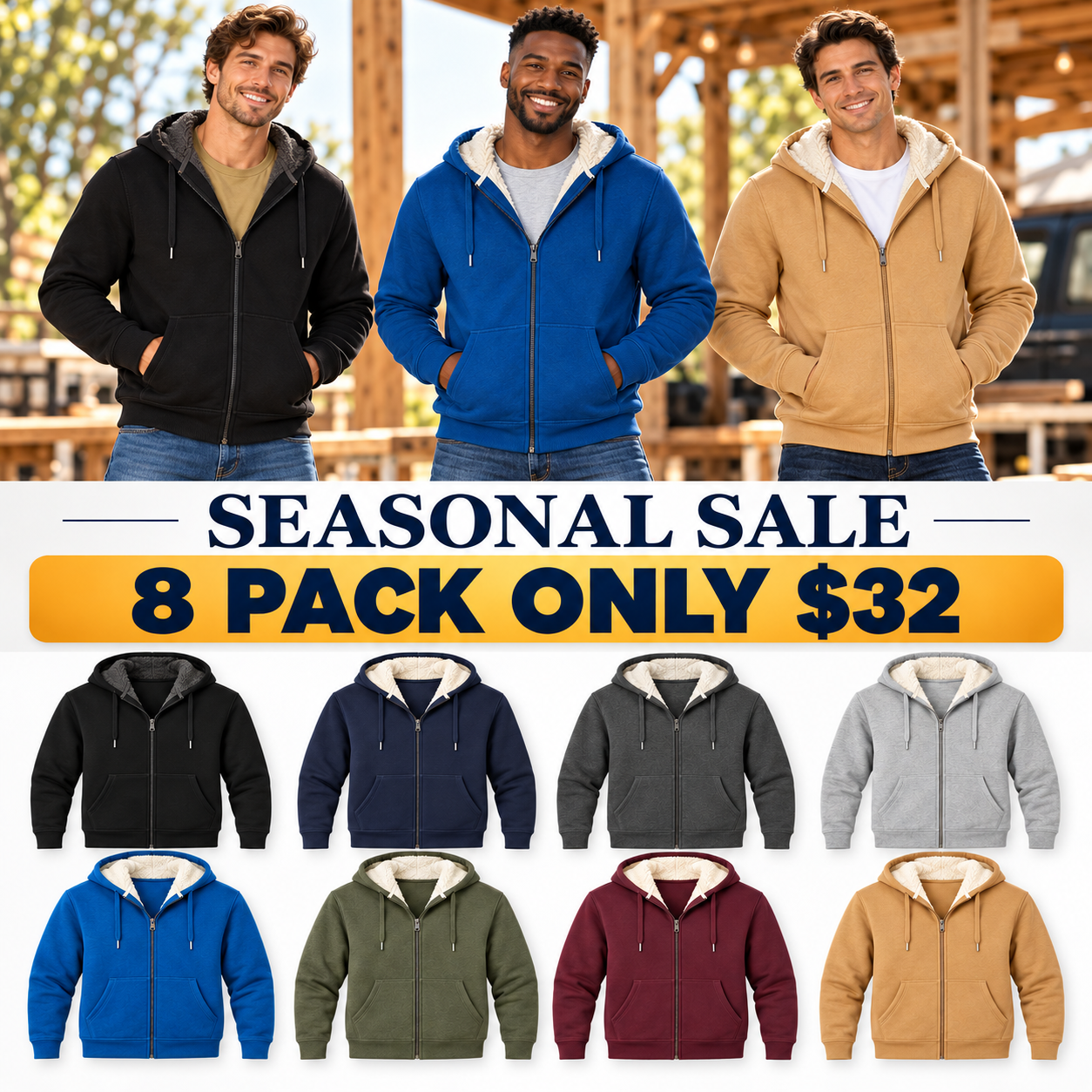 🔥Seasonal Sale – Men’s Sherpa-Lined Full-Zip Fleece Hoodies, 8-Pack Only $32