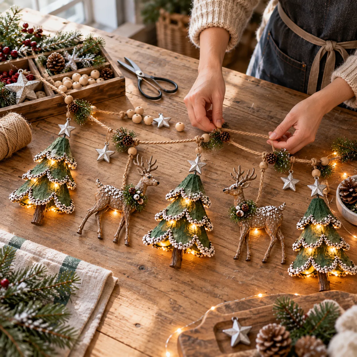 Hands assembling the illuminated woodland garland with trees, deer, pinecones, and stars
