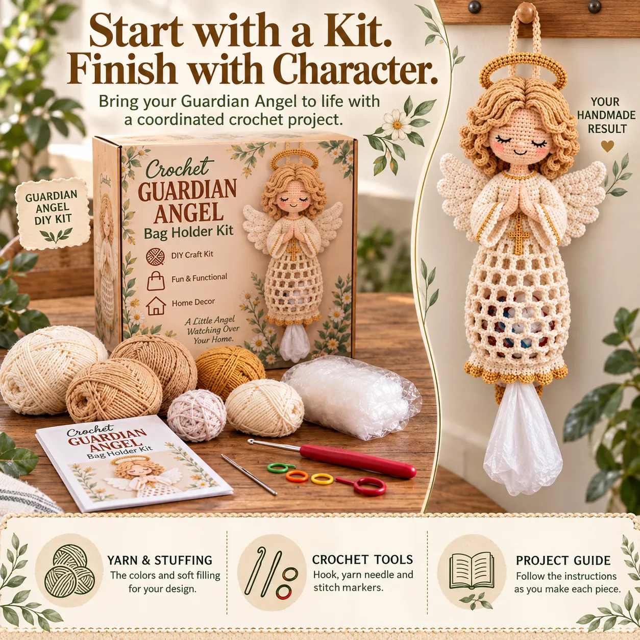 Guardian Angel DIY kit with yarn, stuffing, crochet tools and project guide beside the completed hanging bag holder