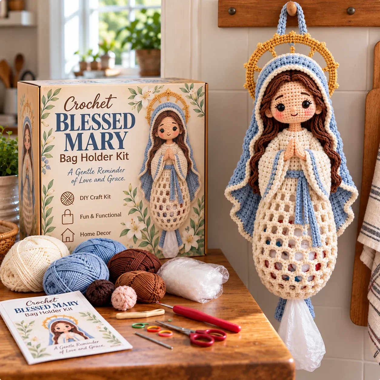 Mary crochet bag holder kit and completed character with blue veil and praying hands