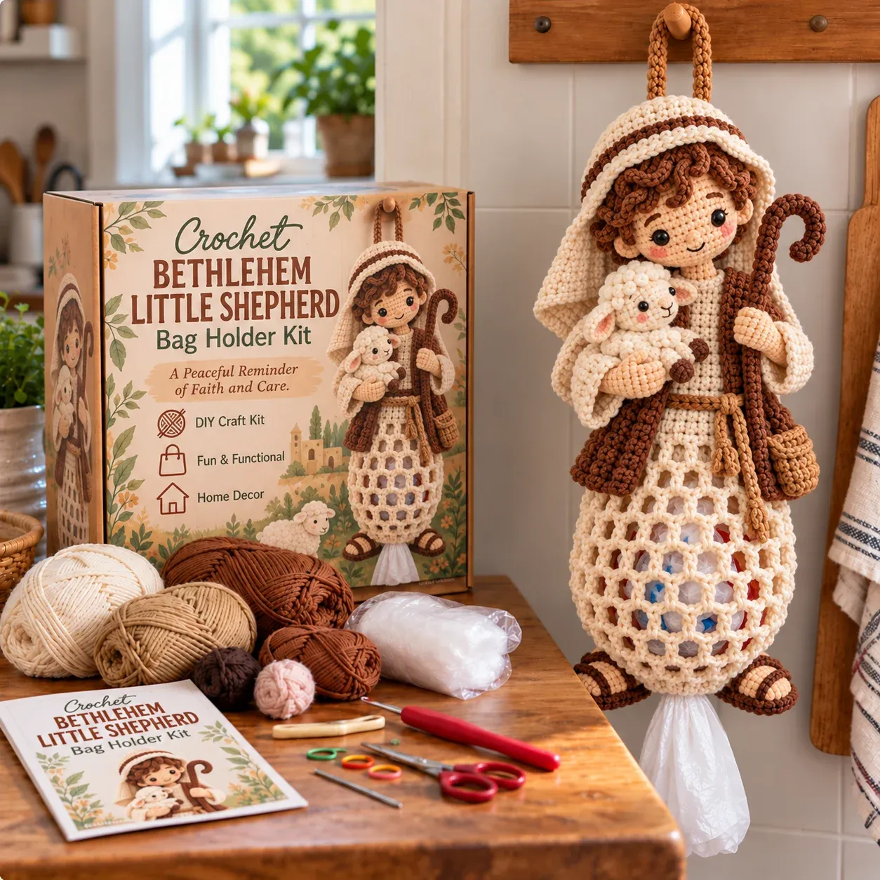 Shepherd crochet bag holder kit and completed character with lamb and shepherd crook