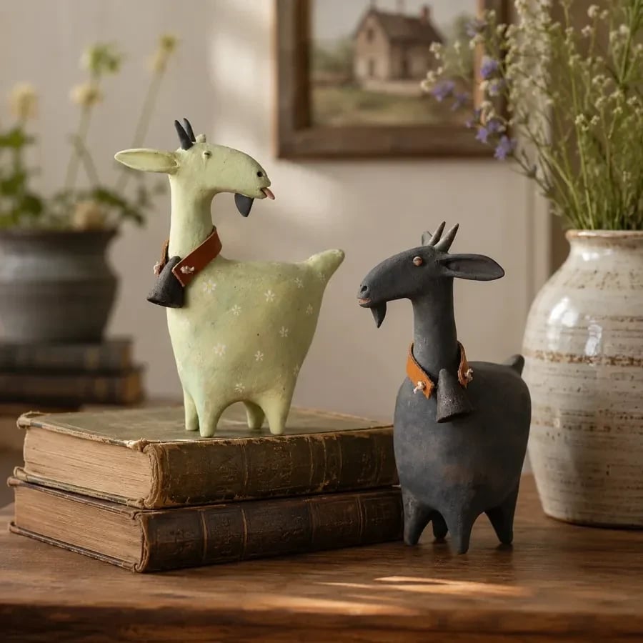 Goat figurines styled on a stack of books