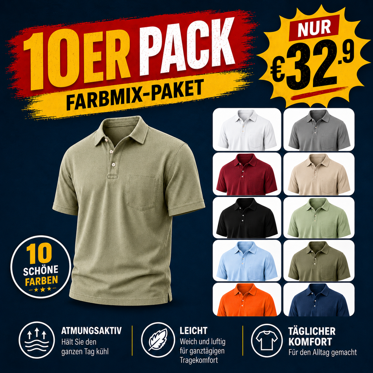 Saisonaler Räumungsverkauf🔥10er-Pack für nur 32,90  € – Leichtes Polo-Shirt mit Struktur für Herren – Kurzärmeliges Smart-Casual-Oberteil