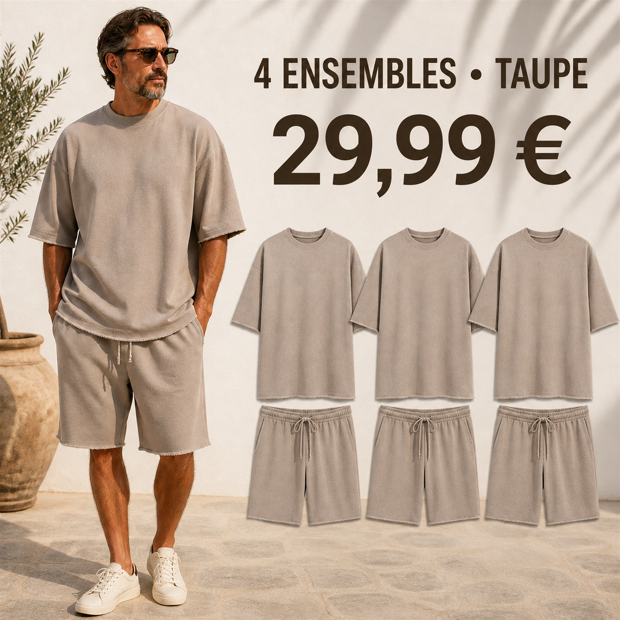 OFFRE FINALE - Lot de 8 a seulement 39,99 € - Ensemble homme avec t-shirt ample et short a cordon aux bords francs