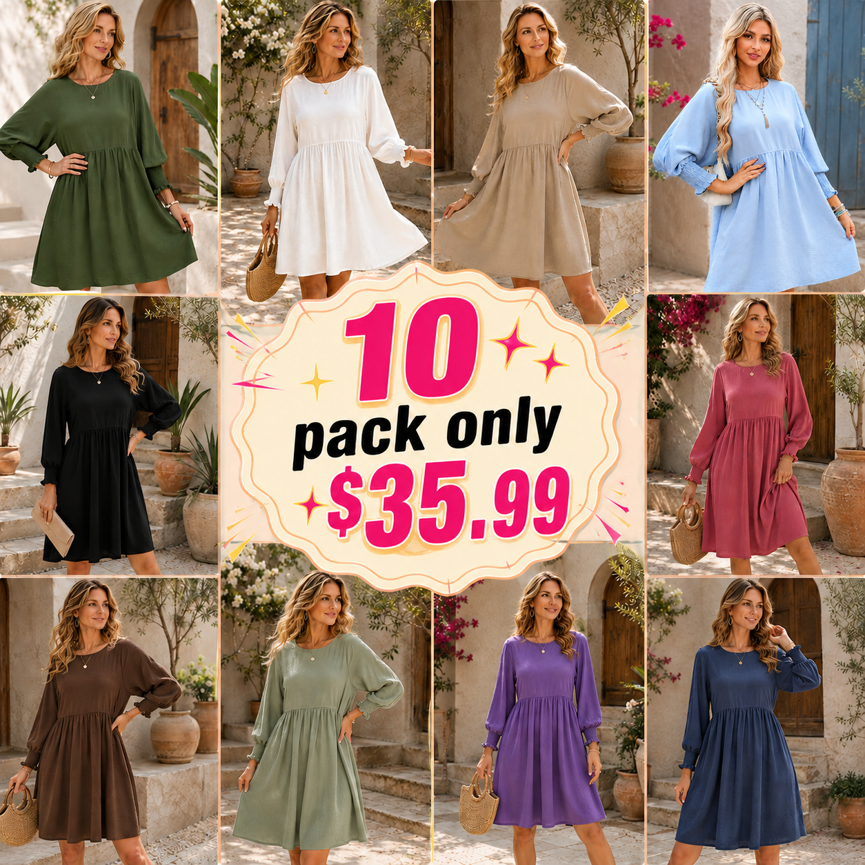 Womens Casual Dresses Empire Waist 3/4 Sleeve Crew Neck Flowy Babydoll Mini Dress