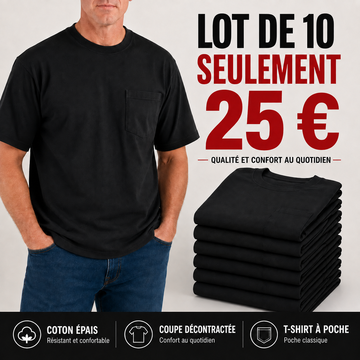 🔥T-shirt homme en coton épais avec poche – Coupe décontractée, idéal au quotidien | Grandes tailles disponibles