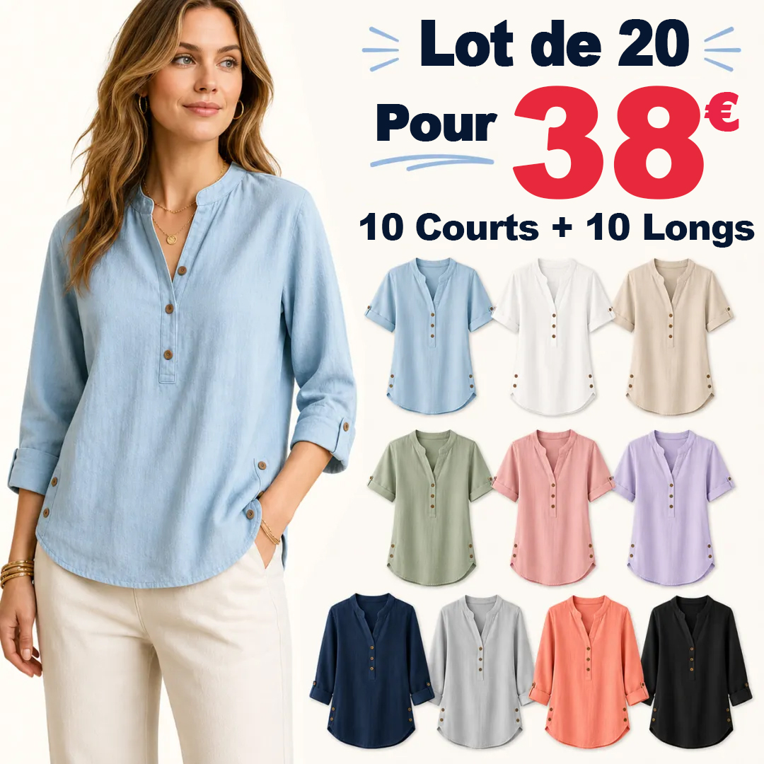 ⏰ Liquidation d’entrepôt ⚡ Lot de 20 à seulement 36 $ ⚡ T-shirt femme en lin à col mao