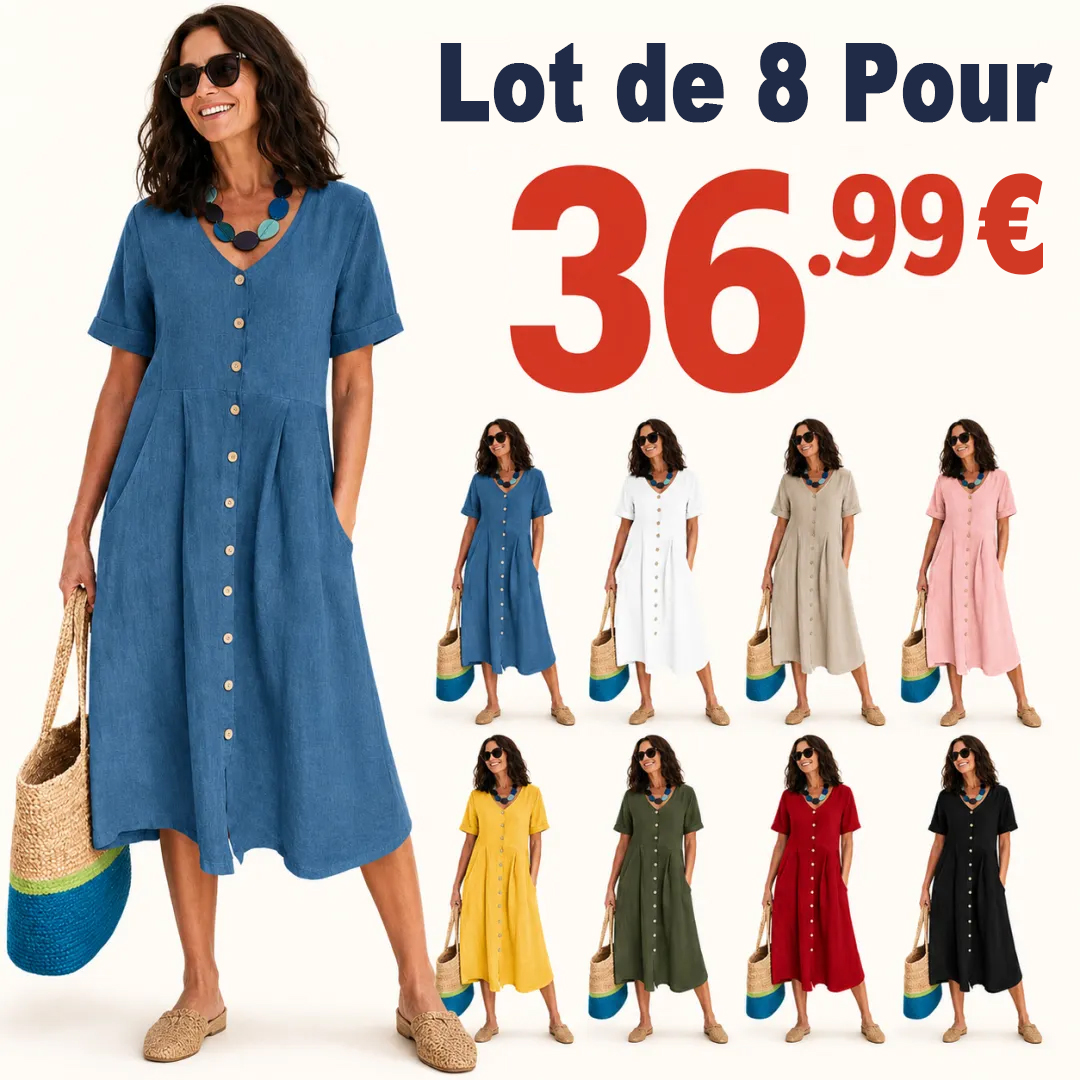 ⏰ Soldes finales d’été⚡Lot de 8 pour seulement 36,99 €⚡La robe en lin que les Françaises adorent porter tout l’été.