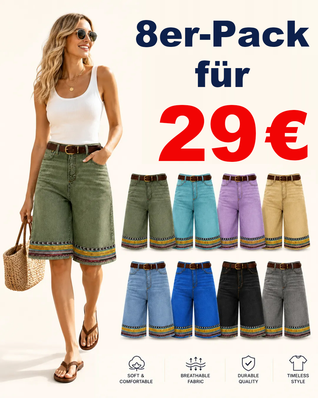 ⏰Geschäftsschließung – Räumungsverkauf⚡8er-Pack nur 29 €⚡Damen-Bermuda-Jeansshorts mit bedrucktem Saum