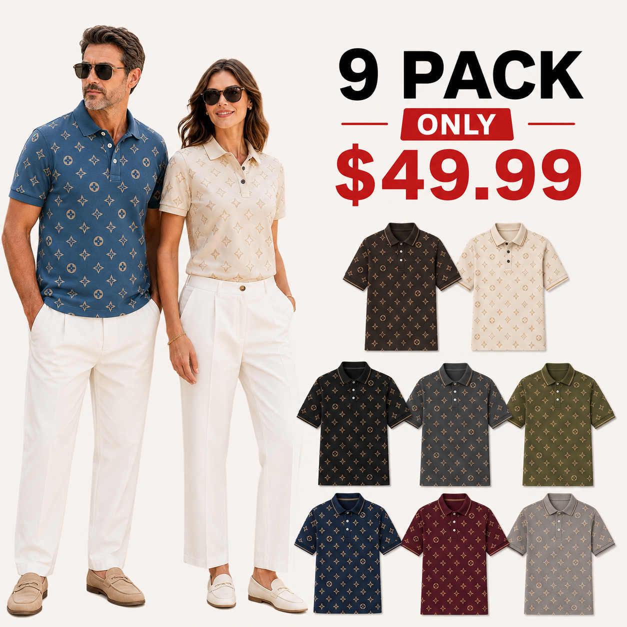 ⏰Store Closing Clearance⚡9-Pack for $49.99⚡ Unisex Geometric Monogram Print Polo Shirt