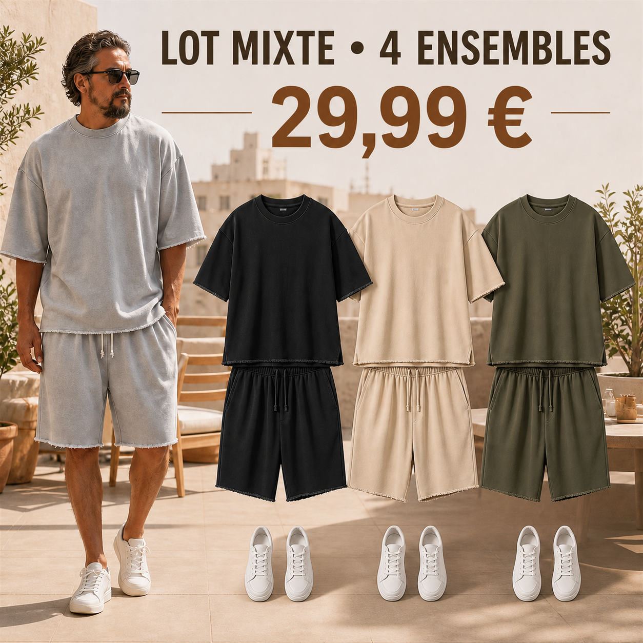 OFFRE FINALE - Lot de 8 a seulement 39,99 € - Ensemble homme avec t-shirt ample et short a cordon aux bords francs