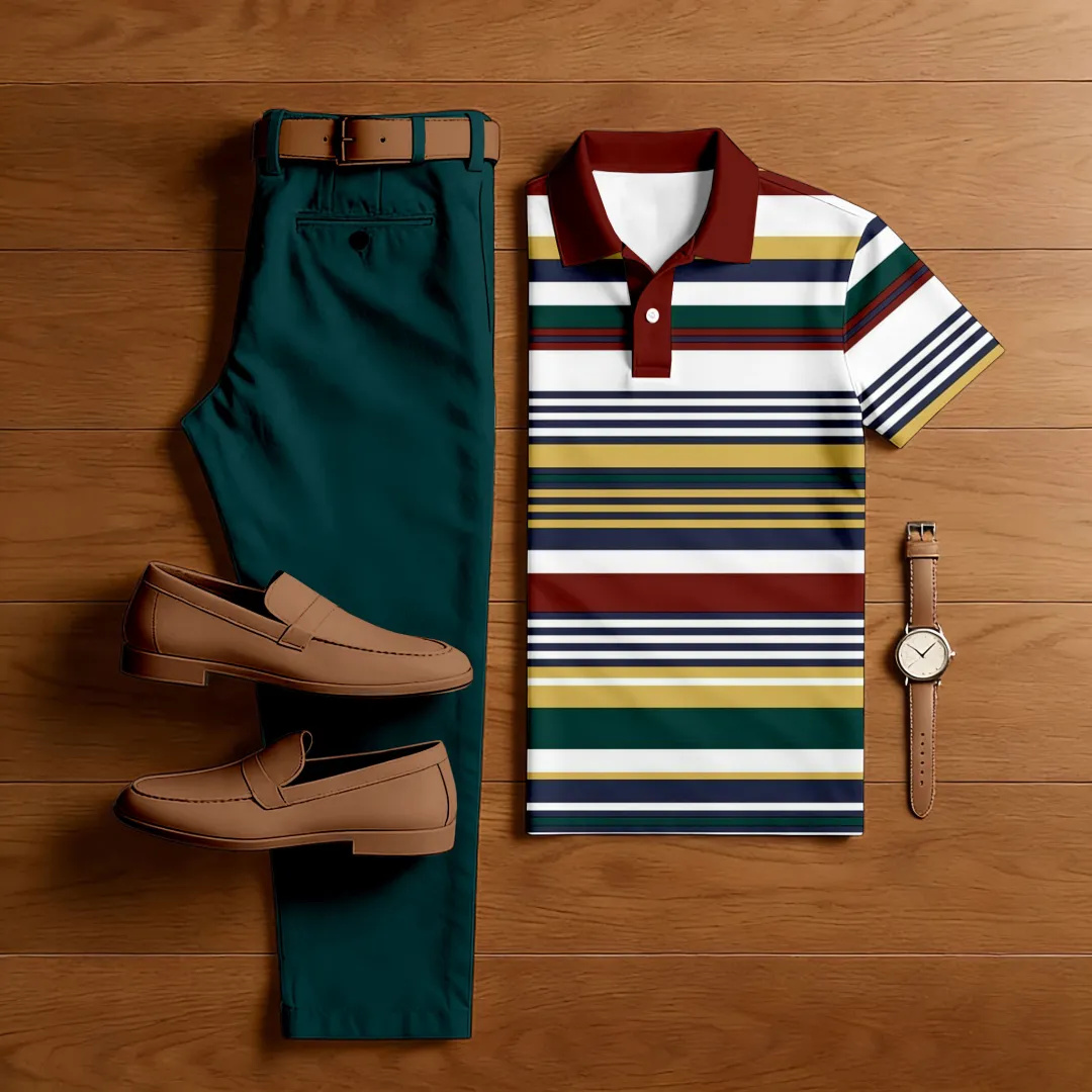 Men's Casual Color Matching Printed Polo-Collar Short Sleeved Trousers Two-Piece Set