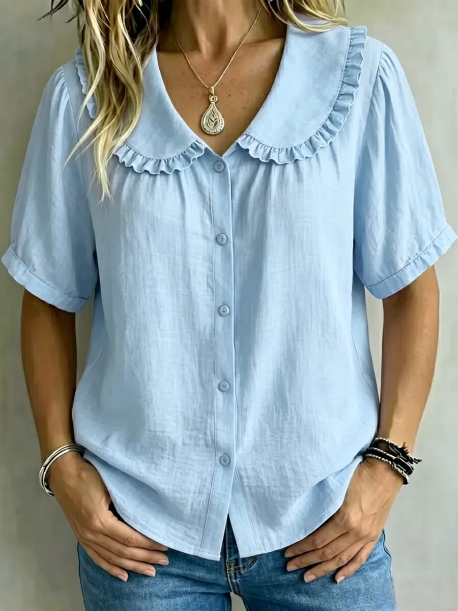 8 Pack Only$32.99-🔥 Women's Ruffle Trim Collared Button-Up Short Sleeve Shirt