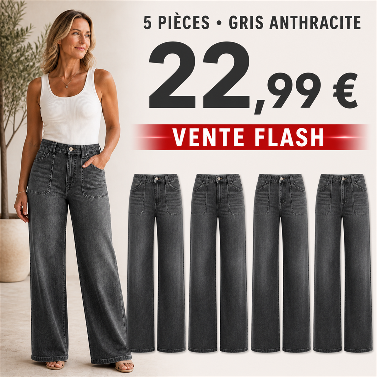 Offre en lot - Jean large femme à poches plaquées et coupe décontractée