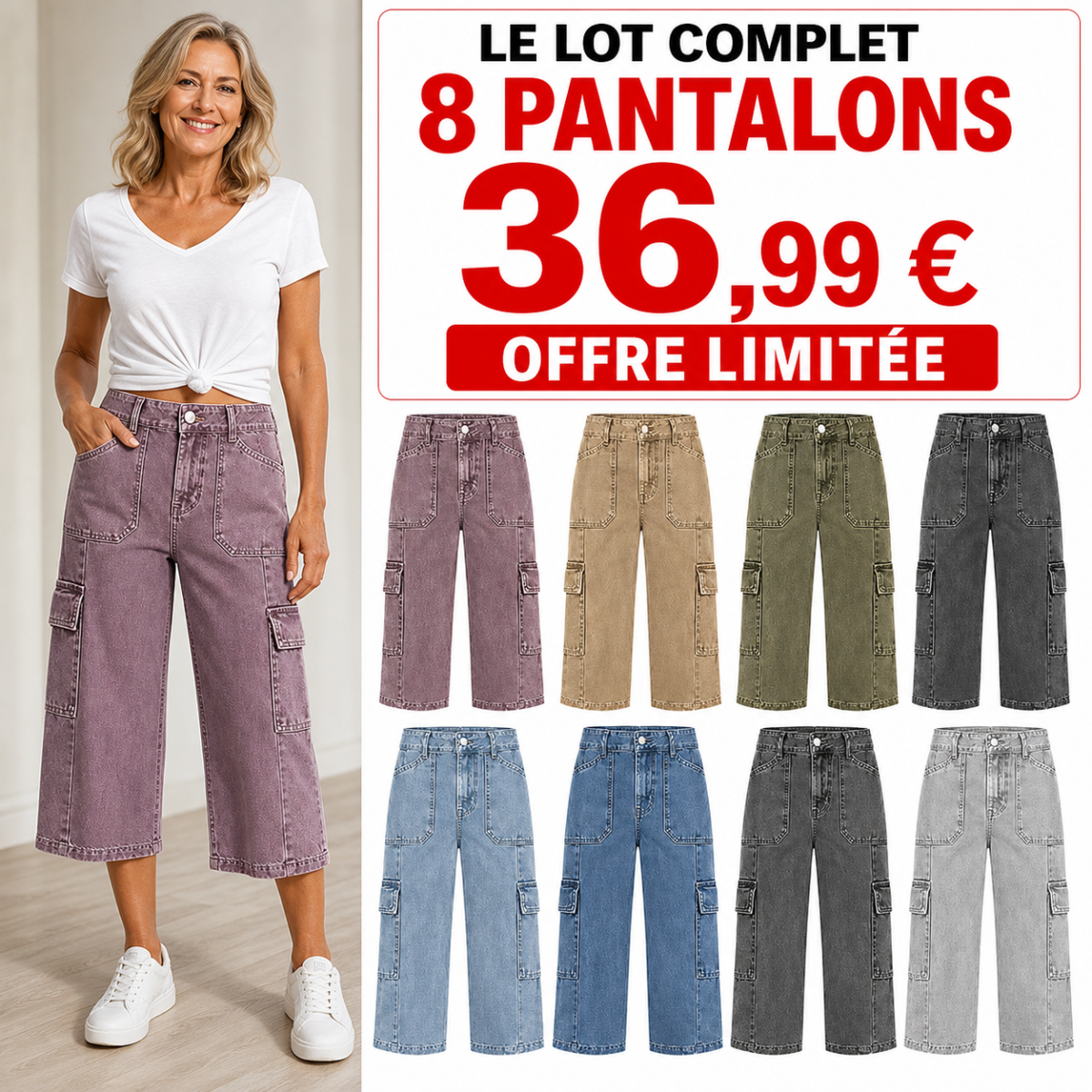 Offre en lot - Pantalon cargo court femme à jambe large et poches multiples