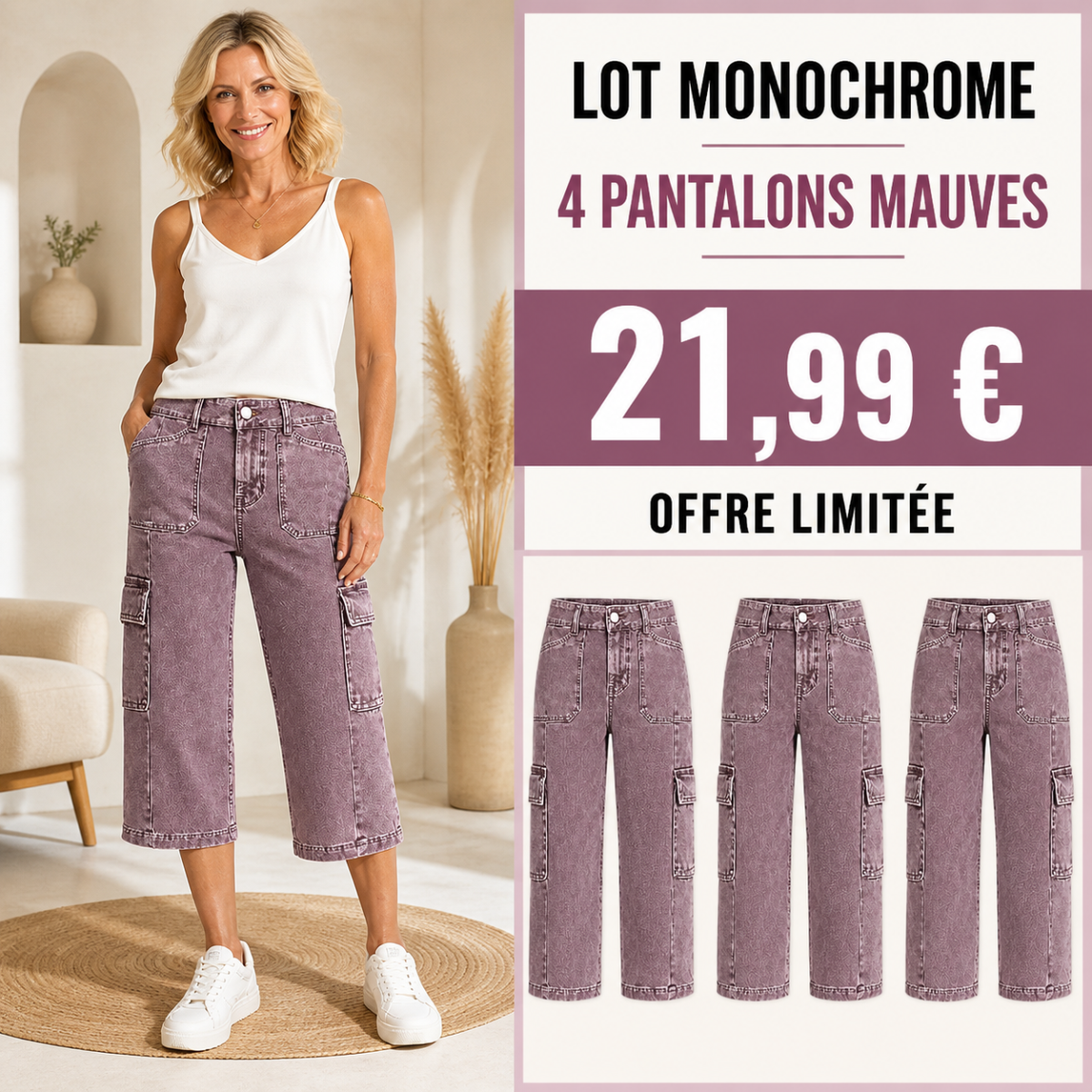 Offre en lot - Pantalon cargo court femme à jambe large et poches multiples