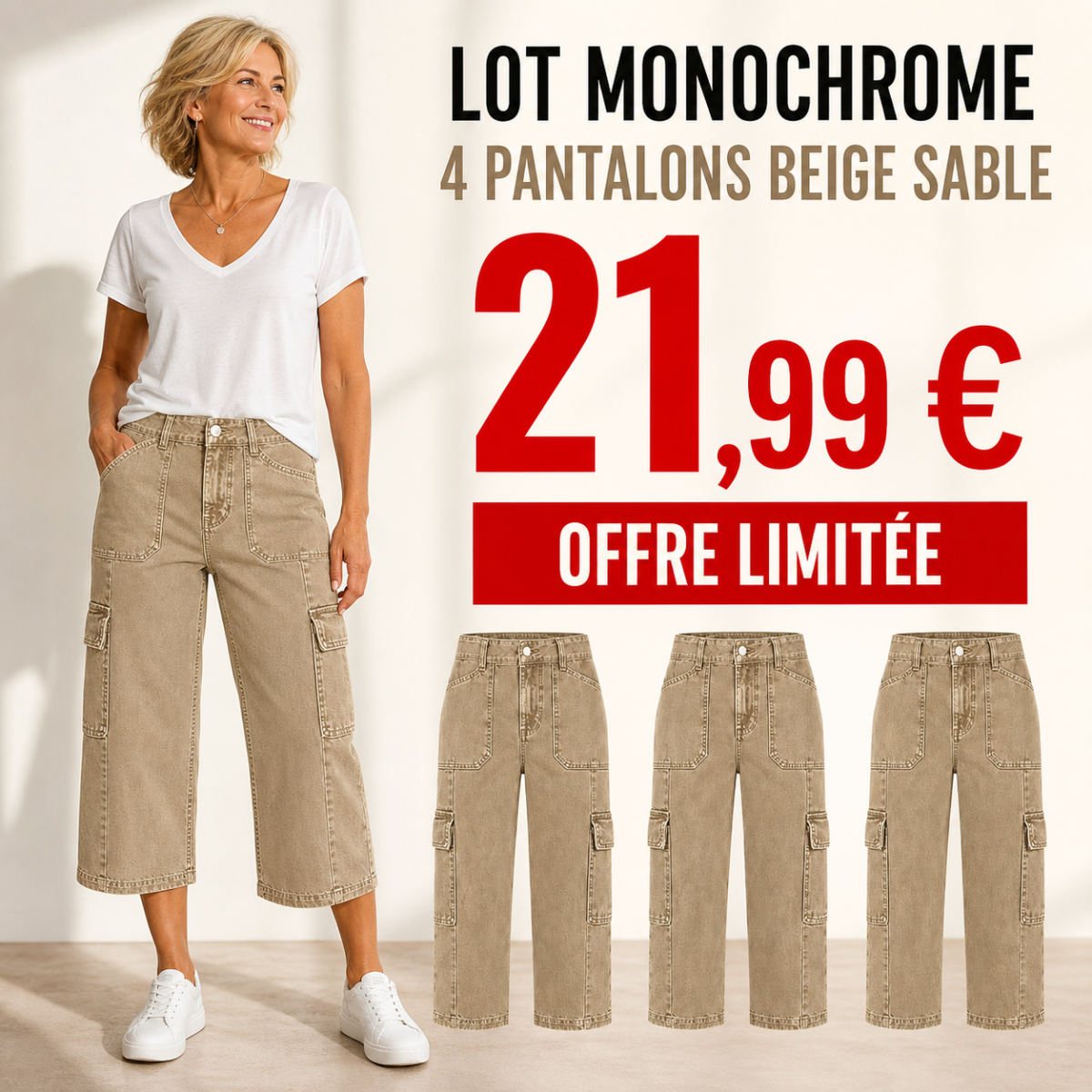 Offre en lot - Pantalon cargo court femme à jambe large et poches multiples