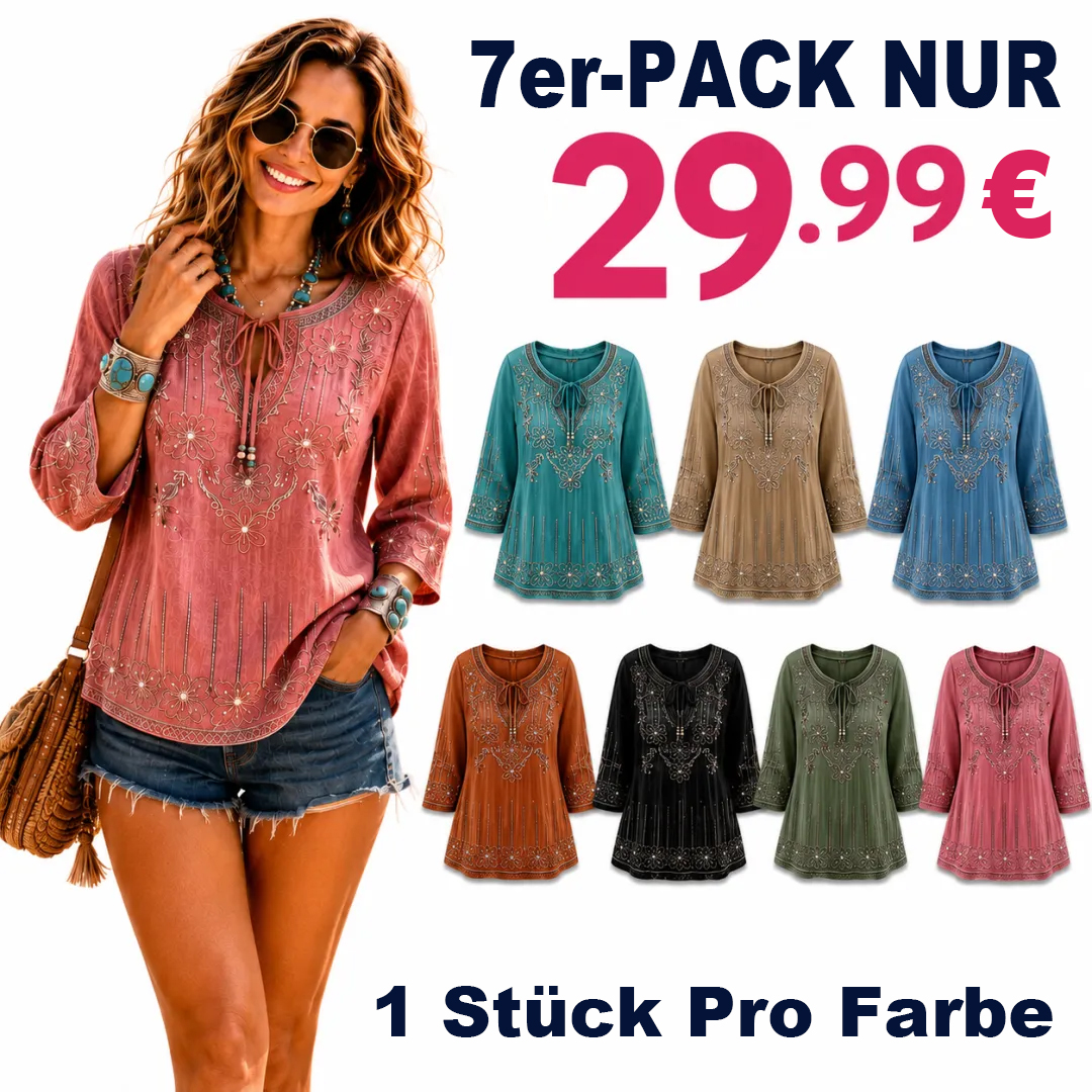 ⏰Geschäftsschließung – Räumungsverkauf⚡7er-Pack nur 29,99 € ⚡Damenbluse mit floraler Stickerei im Boho-Stil – Lässiges Oberteil mit 3/4-Ärmeln und Bindekragen