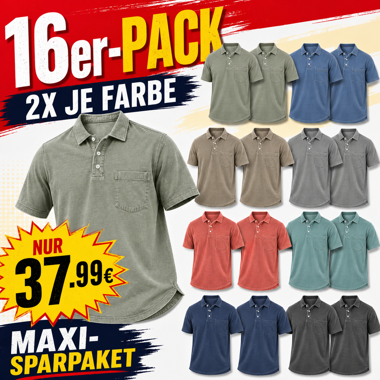 Limitierter Deal: 16er-Pack nur 37,99 € Herren Poloshirts aus gewaschener Baumwollmischung, leicht, atmungsaktiv, lockere Passform mit 3-Knopf-Leiste