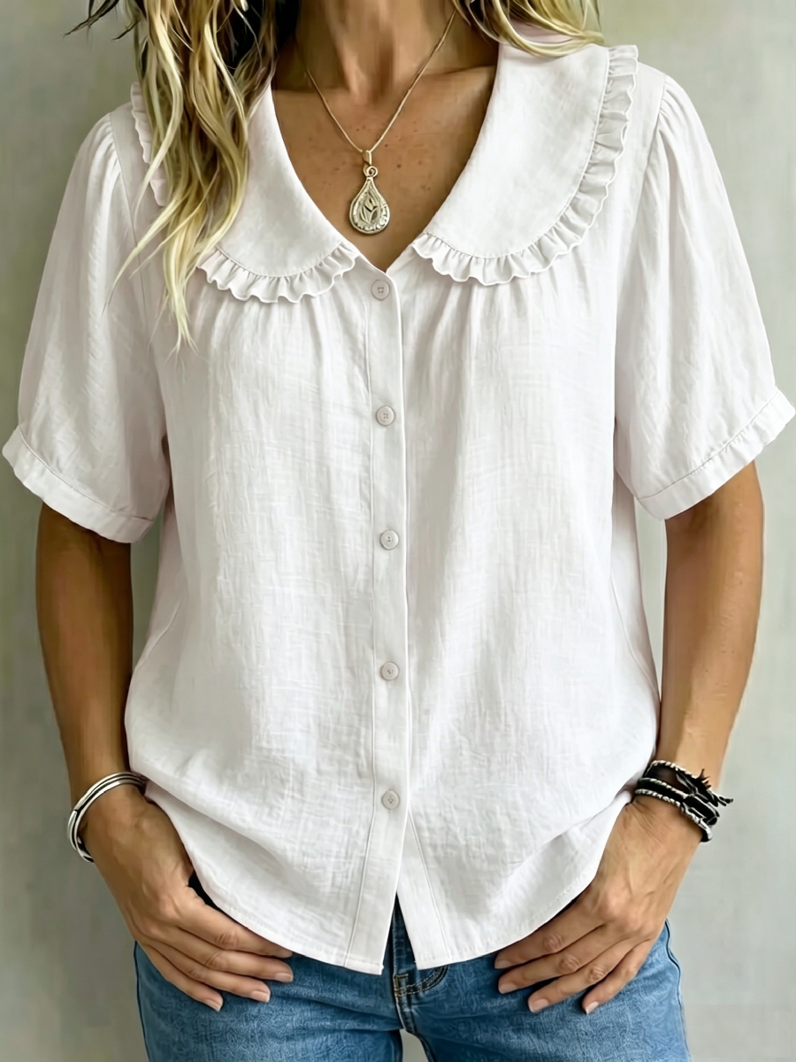 8 Pack Only$32.99-🔥 Women's Ruffle Trim Collared Button-Up Short Sleeve Shirt