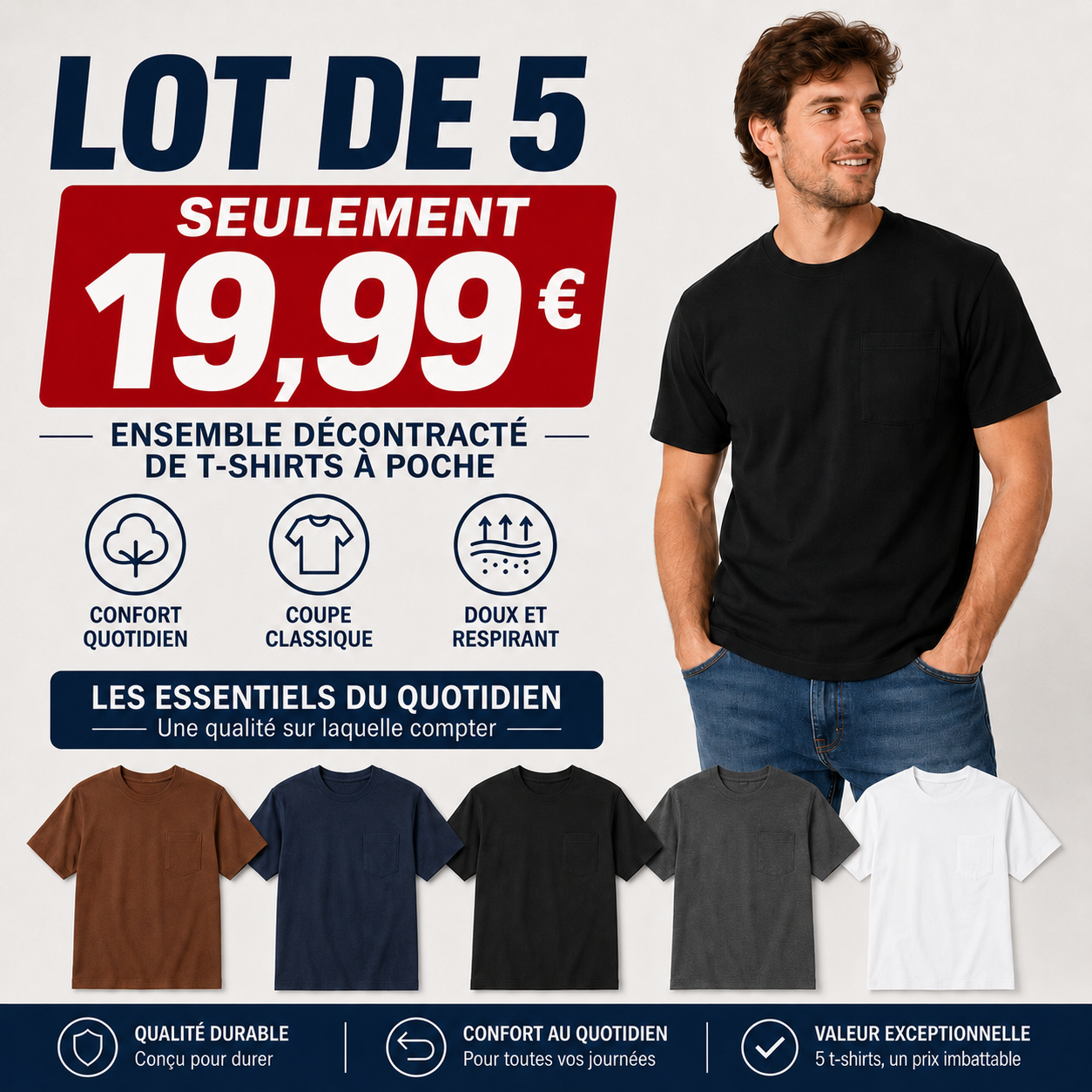 🔥T-shirt homme en coton épais avec poche – Coupe décontractée, idéal au quotidien | Grandes tailles disponibles