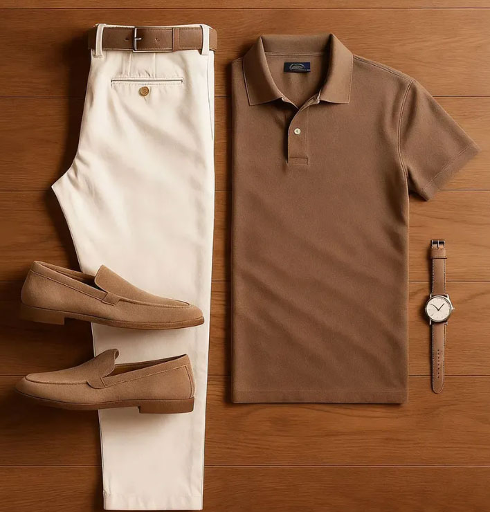 Men's Casual Color Matching Printed Polo-Collar Short Sleeved Trousers Two-Piece Set