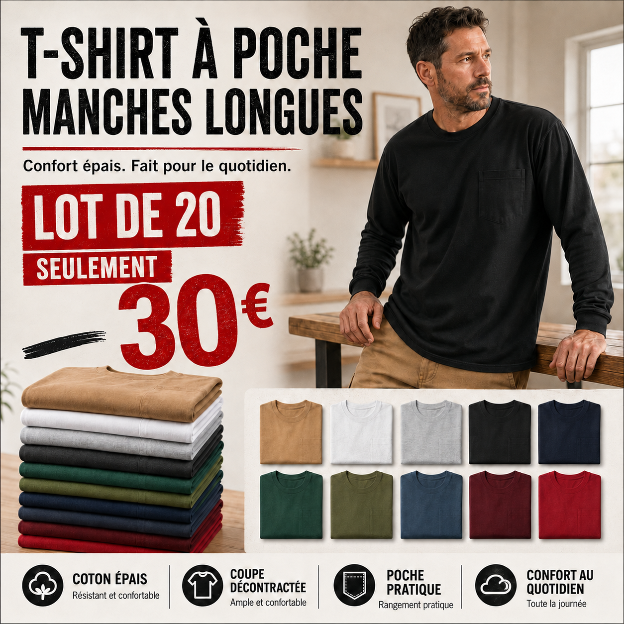 🔥T-shirt homme en coton épais avec poche – Coupe décontractée, idéal au quotidien | Grandes tailles disponibles