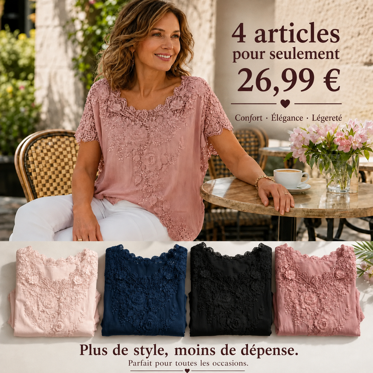 FR -Haut à manches courtes avec broderie en dentelle pour femme