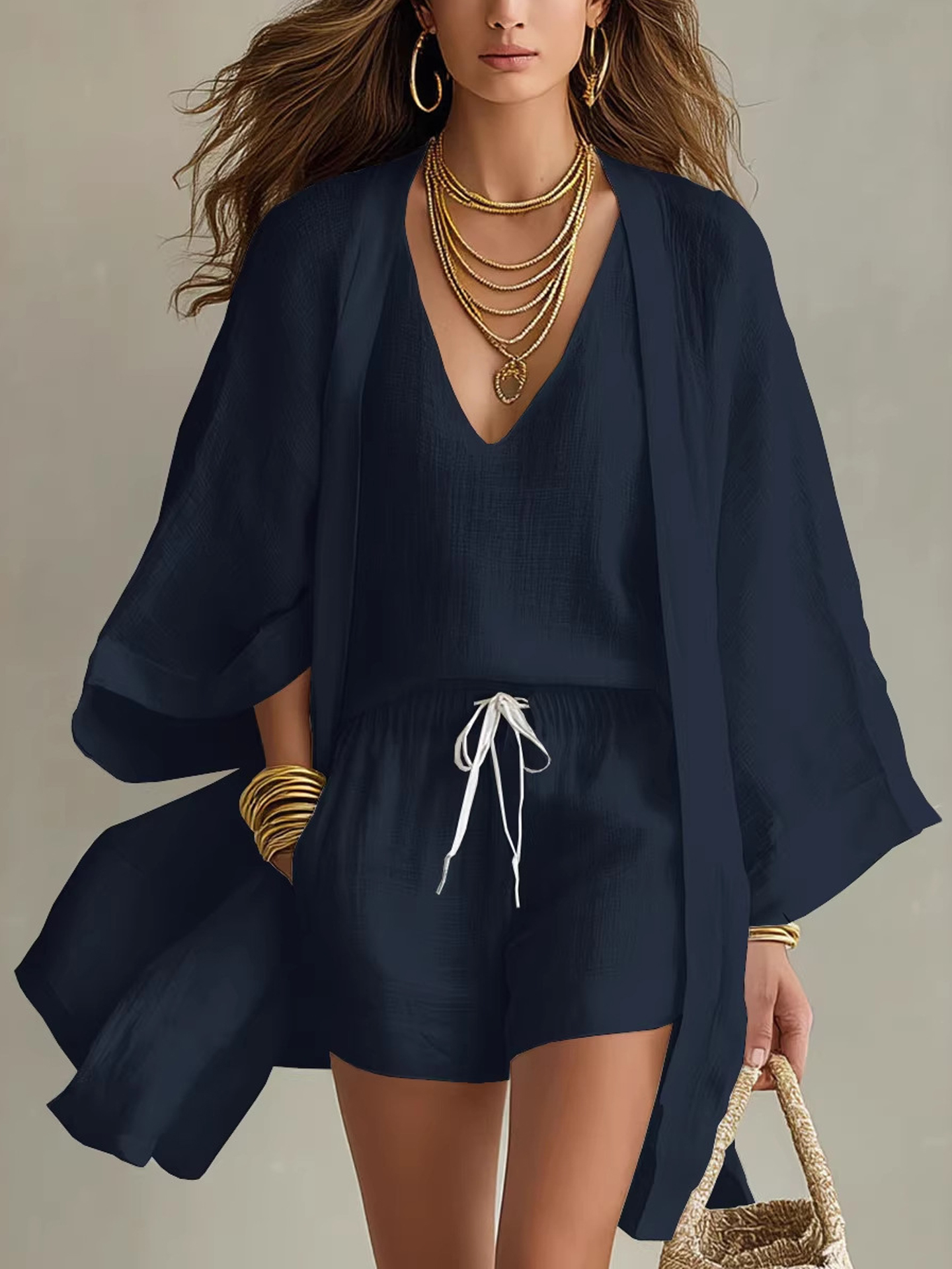 Ensemble minimaliste trois pièces pour femme en coton et lin à jambes larges