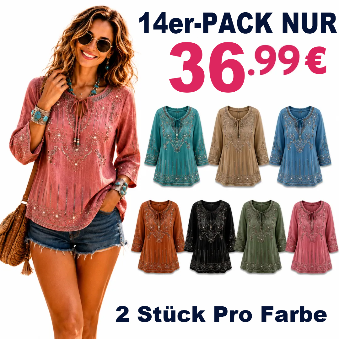 ⏰Geschäftsschließung – Räumungsverkauf⚡7er-Pack nur 29,99 € ⚡Damenbluse mit floraler Stickerei im Boho-Stil – Lässiges Oberteil mit 3/4-Ärmeln und Bindekragen