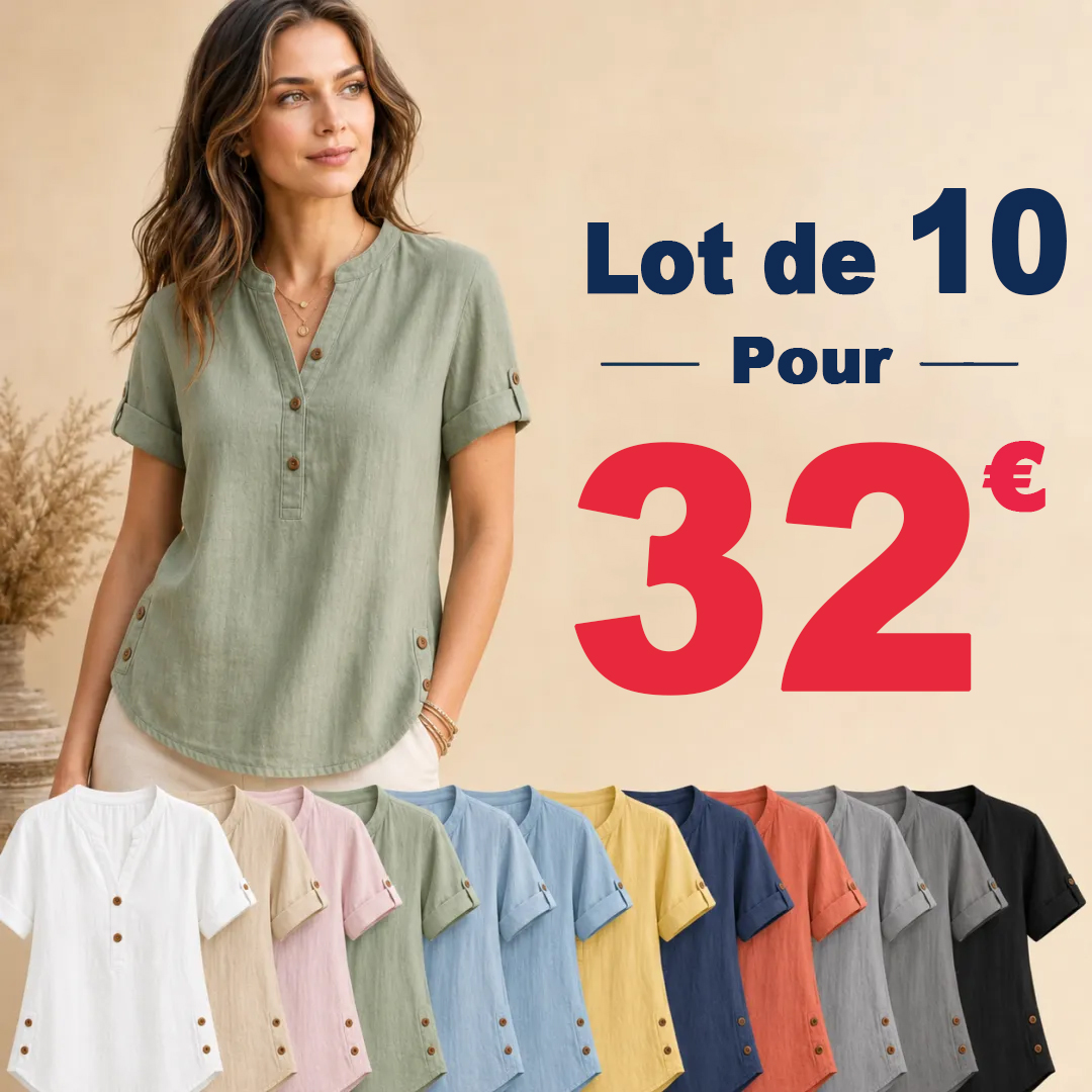⏰ Liquidation d’entrepôt ⚡ Lot de 20 à seulement 36 $ ⚡ T-shirt femme en lin à col mao