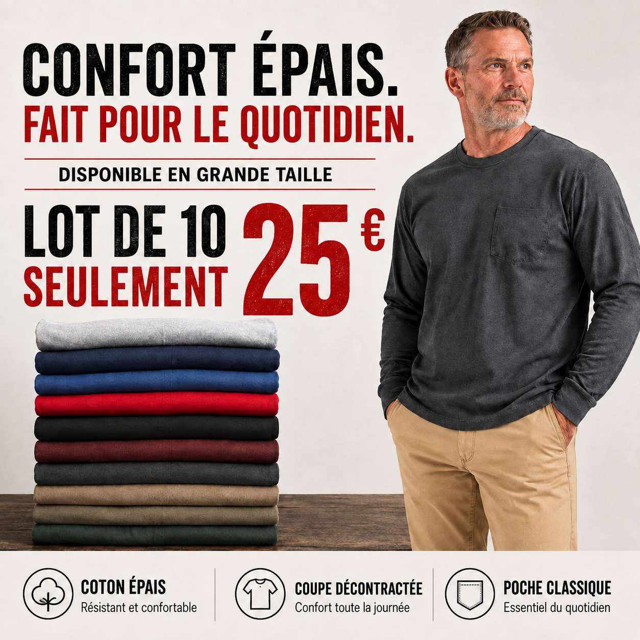 🔥T-shirt homme en coton épais avec poche – Coupe décontractée, idéal au quotidien | Grandes tailles disponibles