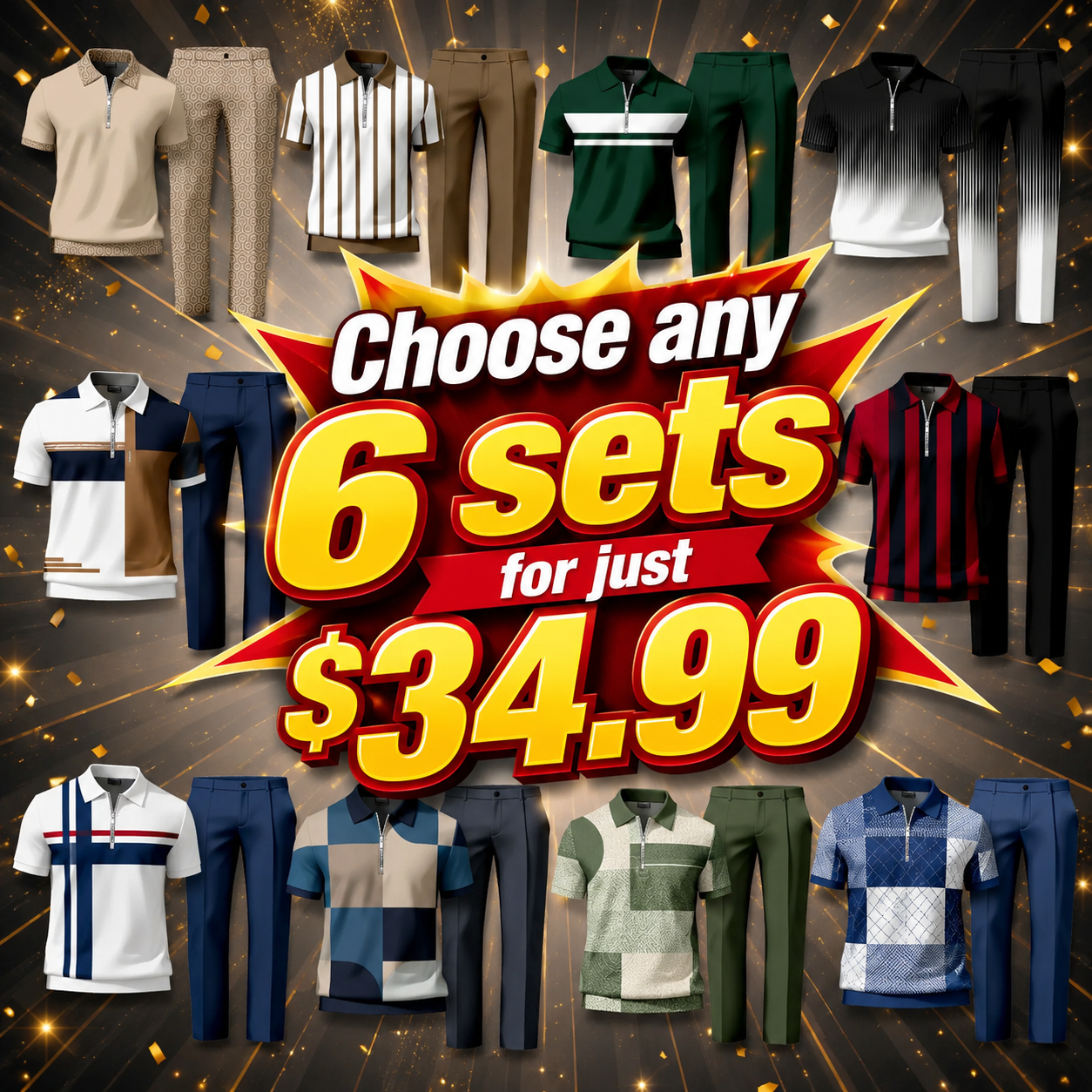 Men’s Striped Zip Neck Polo & Tailored Trousers Co-Ord Set – Smart Casual Two-Piece Outfit