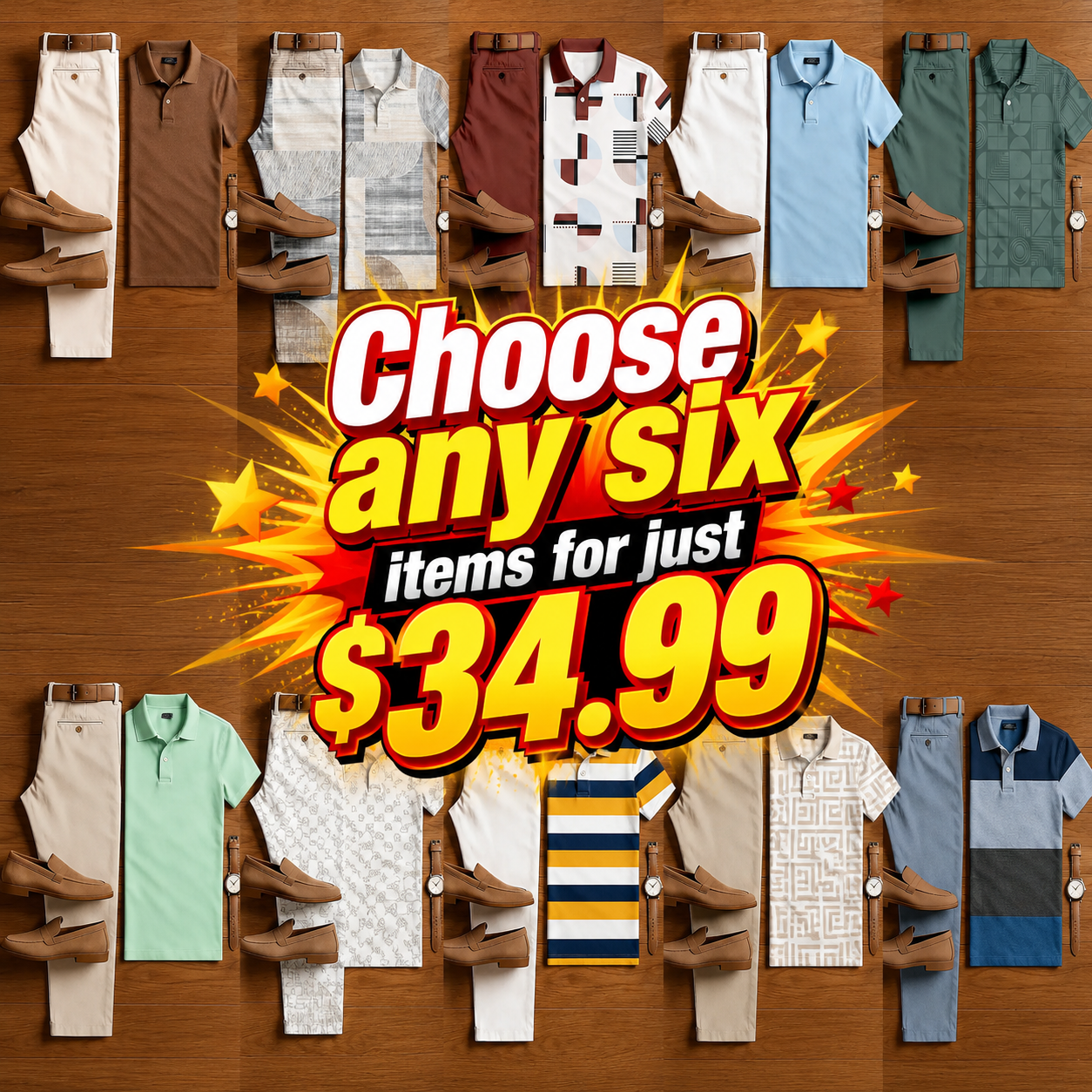Men's Casual Color-Block Print Polo Shirt and Pants Set—8 Sets for Only $49.99
