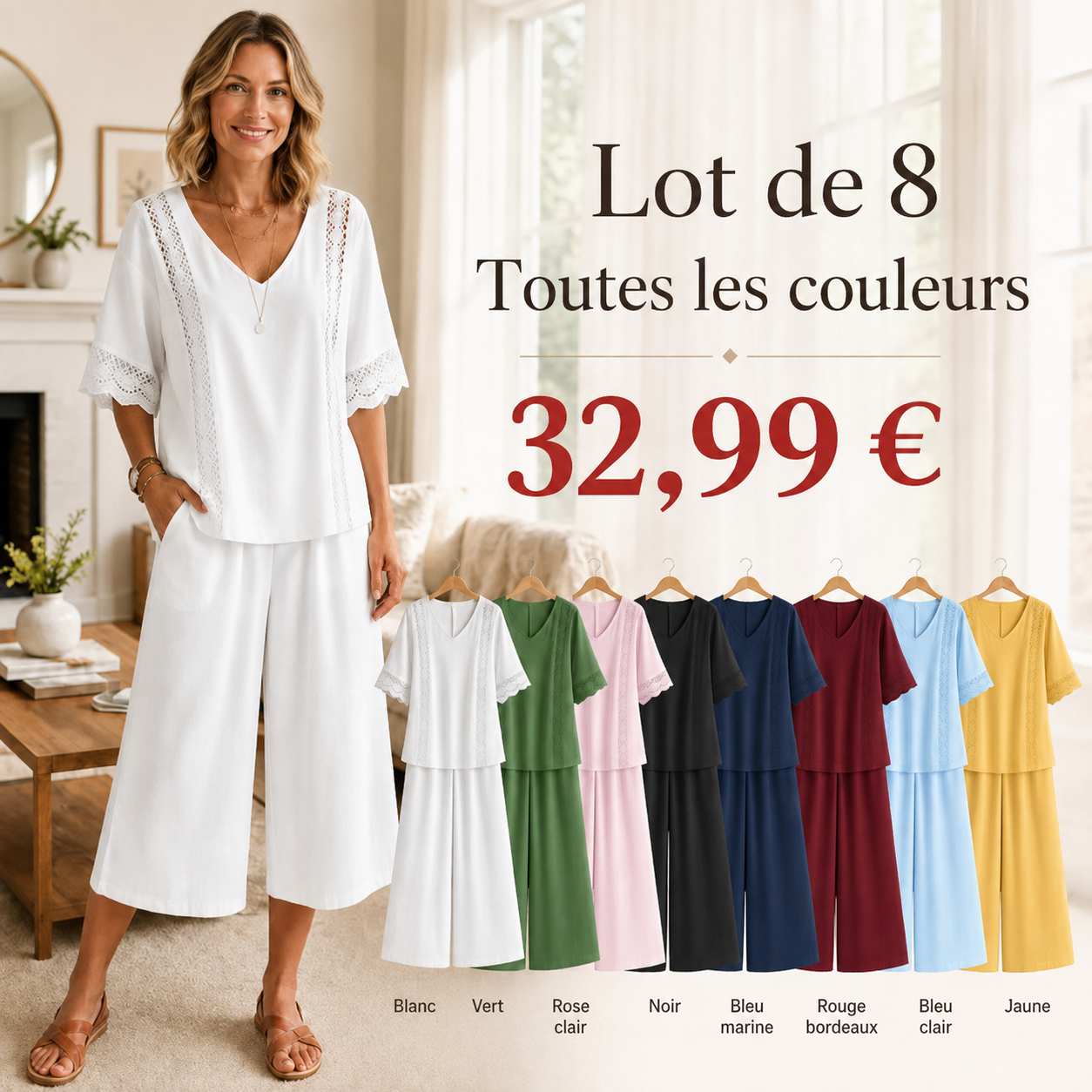 FR -8 ensembles deux pièces pour seulement 32,99 €-Ensemble deux pièces pour femme avec garniture en dentelle et pantalon large