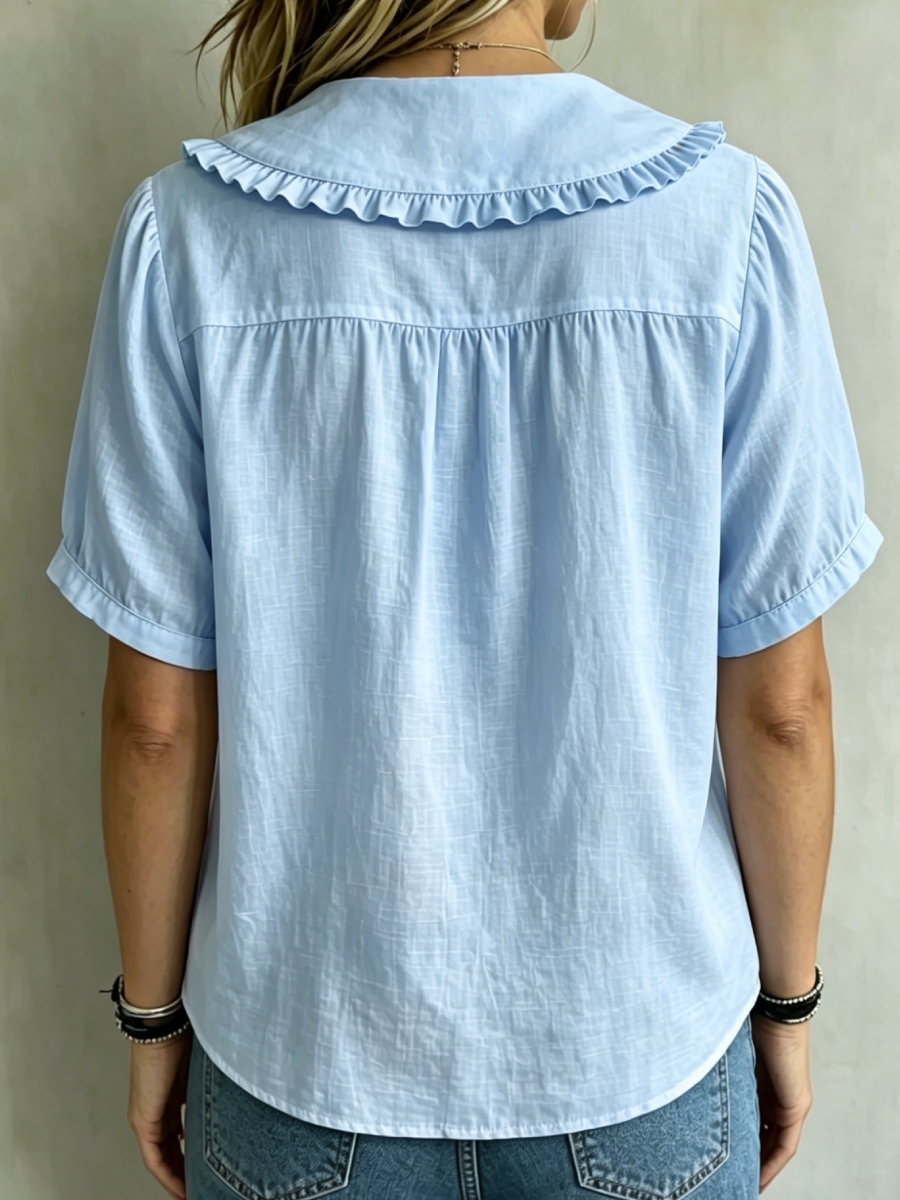 8 Pack Only$32.99-🔥 Women's Ruffle Trim Collared Button-Up Short Sleeve Shirt