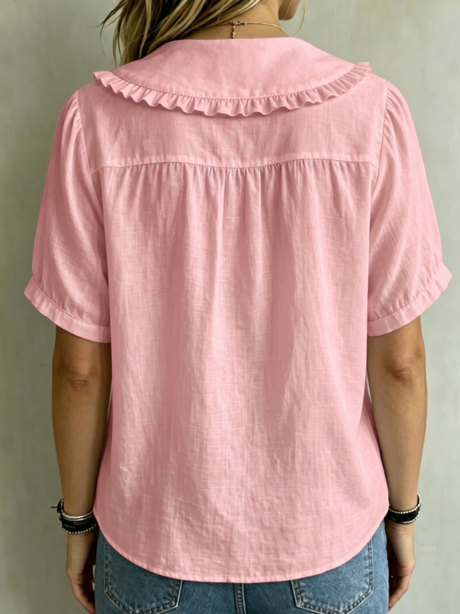 8 Pack Only$32.99-🔥 Women's Ruffle Trim Collared Button-Up Short Sleeve Shirt