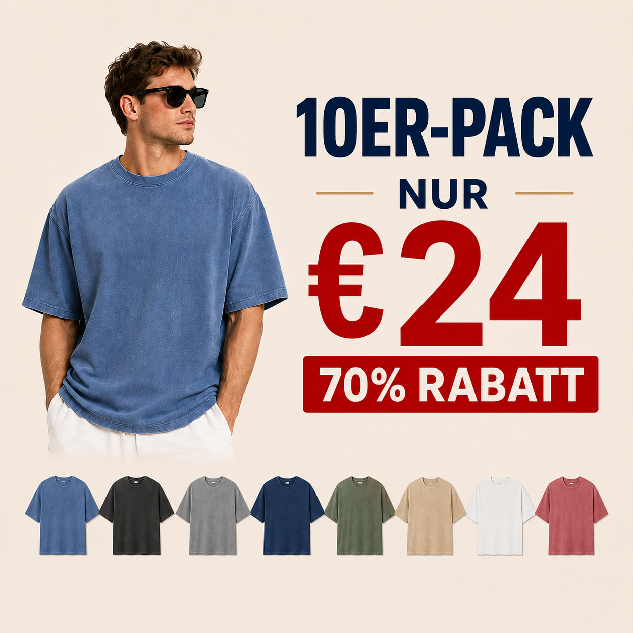 ⏰ Räumungsverkauf wegen Geschäftsaufgabe ⚡ 10er-Pack für 24 € ⚡ Oversized Herren-T-Shirt mit Rundhalsausschnitt und Waschung