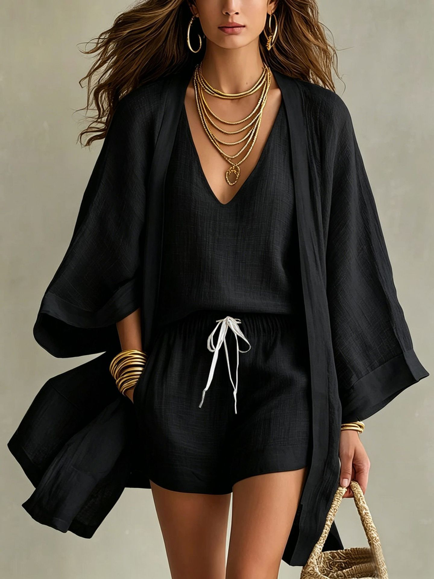 Ensemble minimaliste trois pièces pour femme en coton et lin à jambes larges
