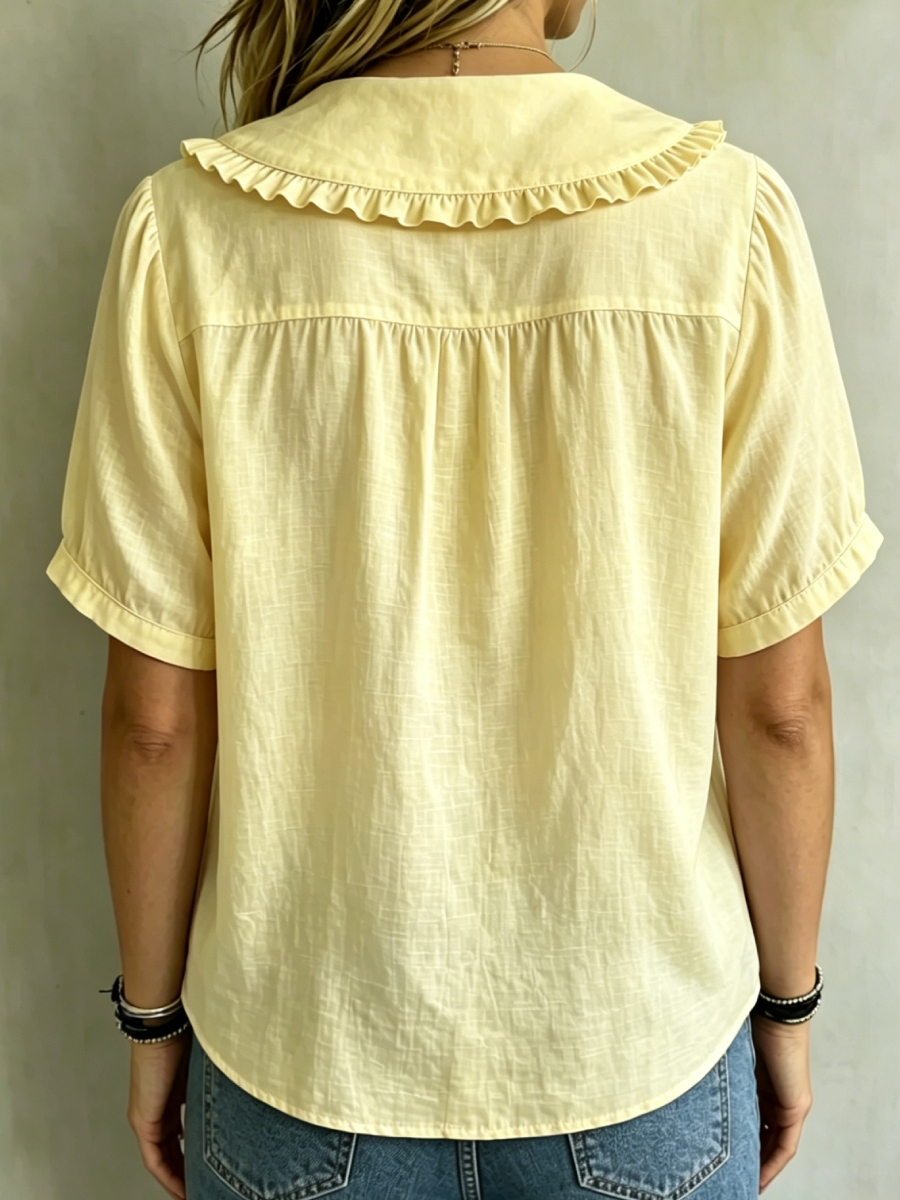 8 Pack Only$32.99-🔥 Women's Ruffle Trim Collared Button-Up Short Sleeve Shirt